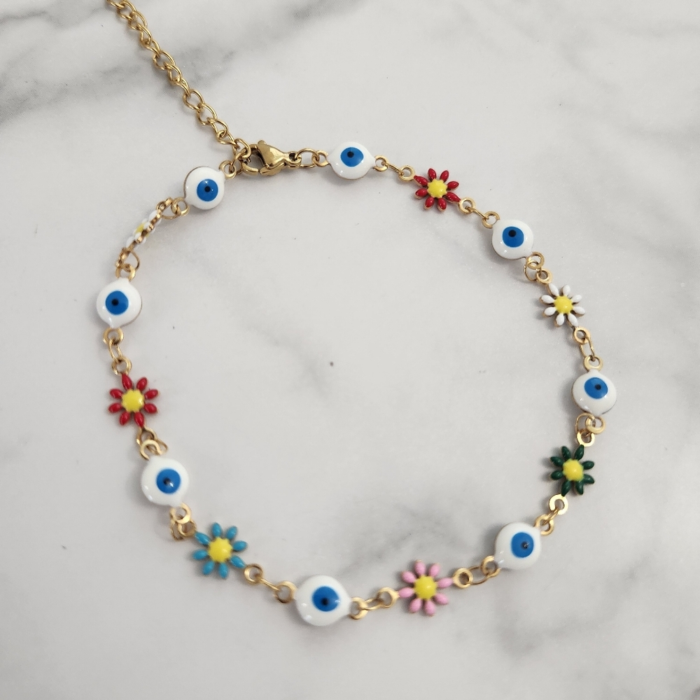Multi Color Stainless Steel Floral Evil Eye Charm Anklet Summer Accesories - Picture 13 of 16